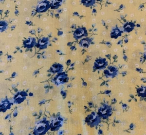 Rose Print Floral Fabric Shades Of Blue With White & Green on Soft Yellow 2+ Yds - Picture 1 of 11