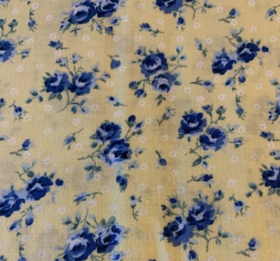Rose Print Floral Fabric Shades Of Blue With White & Green on Soft Yellow 2+ Yds - Image 1 of 4