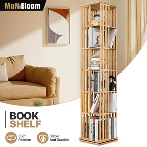 Natural Bamboo [ROTATABLE BOOKSHELF] 6 Tiers Open Shelving Magazine Storage Rack - Picture 1 of 9