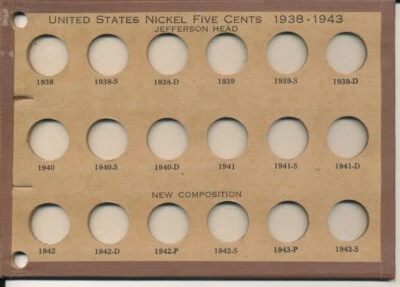 Tablero de monedas Wayte Raymond No. Cabeza Jefferson 358E de cinco centavos de níquel de Estados Unidos 1938-1943 Foto 1 de 2