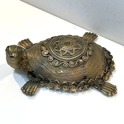 Vintage Brass TORTOISE Sculpture Vastu Fengshui Inlay Engraved Heavy Paperweight - Image 1 of 4