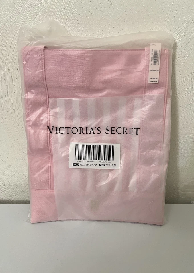 Victoria Secret Pocket Tote Bag Pink White Heritage Stripe Travel - Image 1 of 1