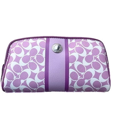 Coach Cosmetic Pouch Zip Travel Case Pink Purple Striped Makeup Tan Signature C - Image 1 of 4