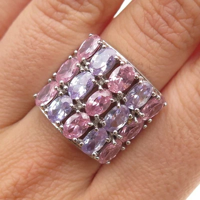 925 Sterling Silver Oval-Cut Lavender & Pink C Z Cluster Ring Size 7 - Image 1 of 4