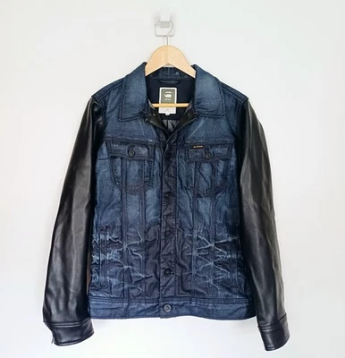 G Star Raw Jacket Size L Mens Blue Demin Leather Distressed Slim Fit Biker  - Image 1 of 4