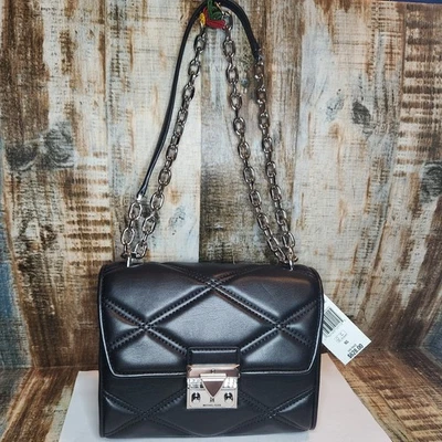 MICHAEL KORS SERENA Black Silver Chain Vegan Leather Bag Purse Crossbody NWT - Image 1 of 4