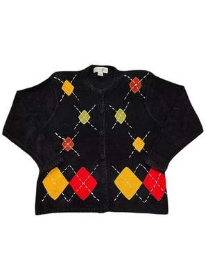 Victoria Harbour Argyle 贴花开衫毛衣 L 黑色纽扣正面 Y2K — 第 1/4 张图片