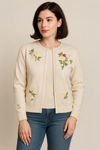 Vintage 50s 60s Wool Floral Embroidered Cardigan Lined Cream Ladybug L - Picture 1 of 16