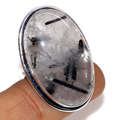 Natural Black Rutile 925 Silver Plated Handmade Ring US 8 Modern Gifts JW - Image 1 of 3