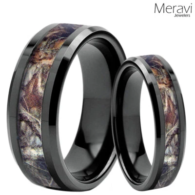 Black Titanium Brown Oak Real Forest Camo Ring Men Women Mossy Tree Wedding Band - Image 1 of 4