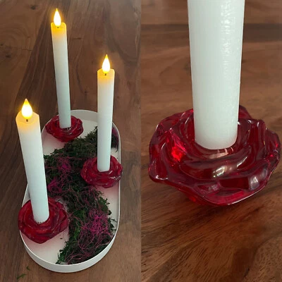5er Set Kerzenhalter Rosenblüten aus Glas für Stabkerzen - Kerzenständer Rot - Bild 1 von 4