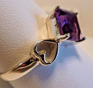 2.9 gram 925 Silver Hearts Amethyst Ring Size 10 Handcrafted Artisan Emerald cut - Picture 1 of 9