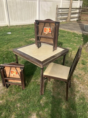 Vintage Leg O Matic Folding Table & Three Leg O Matic Chairs In Ivory Cover