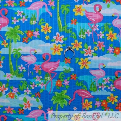 BonEful FABRIC FQ Cotton Seersucker Aqua Blue Water Pink Flamingo Scenic Beach S - Image 1 of 4