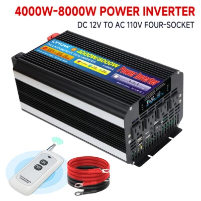4000W 8000W Power Inverter 12V to 110V w/ Remote 4AC USB LCD Display Camping RV - Image 1 of 4