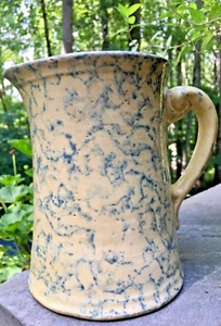Antique 19th Century Yellow Ware Spongeware Pottery 6 1/4" Tall Pitcher - Picture 1 of 9