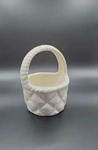 Vintage Miniature White/Ivory Ceramic Basket With Handle. Woven Pattern. Glazed Cover