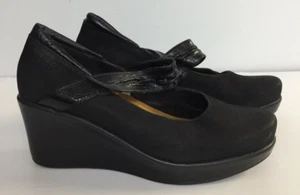 NAOT SIZE 40 WOMENS BLACK LEATHER PLATFORM WEDGE HEEL ADJUSTABLE STRAP CLOSED - Picture 1 of 14