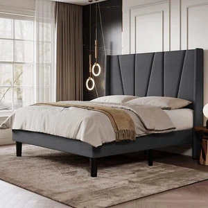 Full Upholstered Platform Bed Frame with Geometric Headboard and Wingback, Grey - Picture 1 of 10