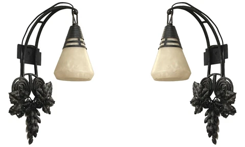 Pair Art Deco Iron and Alabaster Sconces in Style of Edgar Brandt Cover