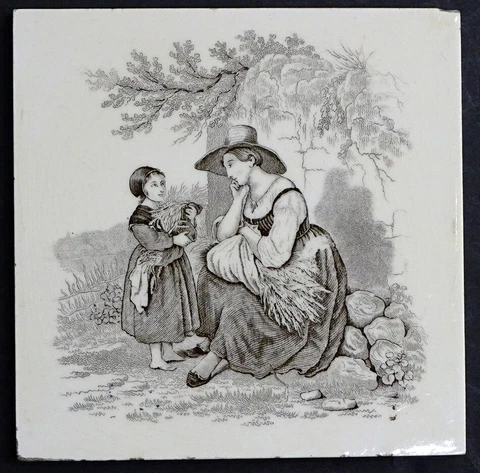 1800's Antique MINTON Transferware RUSTIC Rural Farm ART POTTERY TILE Cover