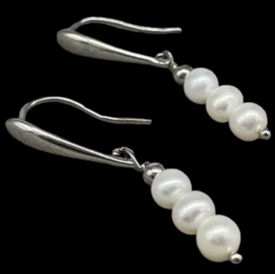 Orecchini pendenti in tris perle naturali tonde ad amo in argento 925 femminili. - Immagine 1 di 4