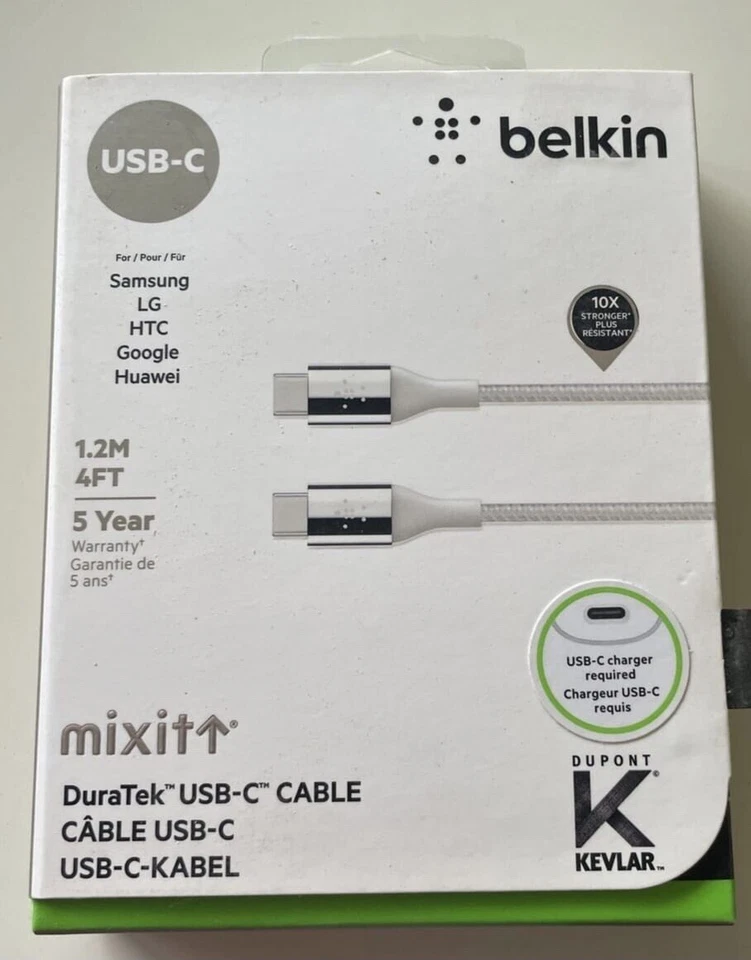 NEW Belkin MixIt DuraTek Kevlar Gold USB-C to C 4' Ft Braided Sync Charge Cable  - Image 1 of 1