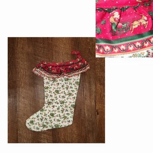 VTG Handmade Quilted Christmas Stocking Santa Reindeer Trim Holly Berry Pinecone - Picture 1 of 7