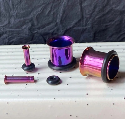 PAIR PVD Plated Single Flare Tunnels Plugs Earlets Gauges Piercing Body Jewelry - Image 1 of 4