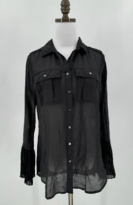 Top Da-Nang Mujer Negro Seda Algodón Largo Plisado Manga Campana Abotonado Talla S Foto 1 de 4