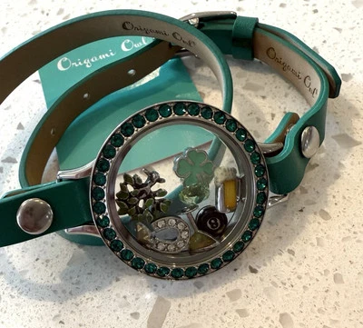 NEW Origami Owl Green Leather Wrap Bracelet St Patricks Day Rhinestone Jewelry - Image 1 of 4
