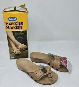 VINTAGE 1977 SCHOLL EXCERCISE SANDALS SIZE 6 AUSTRIA WOODEN SOLE NEW W/BOX - Picture 1 of 9