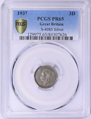 Gran Bretaña 1937 3 peniques de plata KM-848 PCGS prueba-65 Foto 1 de 3