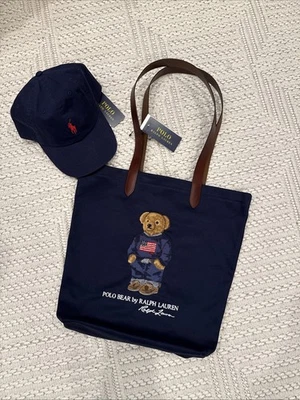NWT Polo Ralph Lauren Navy Cotton Twill Embroidered BEAR Tote Bag - Image 1 of 4