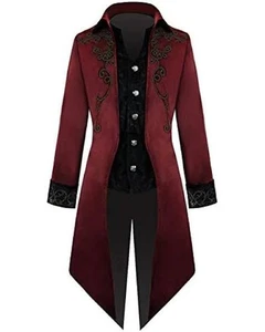 Burgundy Velvet Gothic Tailcoat with Black Embroidery & Asymmetrical Hem Desig - Picture 1 of 5
