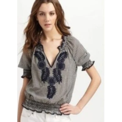 TORY BURCH 白色蓝色波点刺绣 100% 棉马里农民上衣 M — 第 1/4 张图片