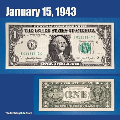 January 15, 1943 Birthday Anniversary $1 One Dollar Bill Serial Number 01151943 - Image 1 of 2
