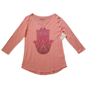 Lucky Brand Shirt Womens Small Orange Graphic V Neck Long Sleeve NWT - Picture 1 of 13