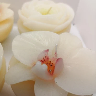 Juego de 4 velas en forma de flor de 3,5", flotantes, talladas en orquídea y loto, decoración del hogar Foto 1 de 4