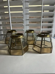 Vintage Hexagon 6 Sided MCM Brass 2 Tone Clear Amber 6" Beveled Glass 4 Shades - Picture 1 of 11
