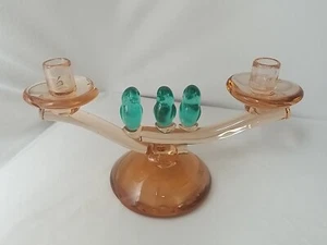 Mundgeblasener Studio Art Glas Kandelaber Pfirsich mit Aqua Vögeln - Bild 1 von 8