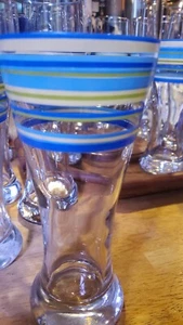 Pier 1 England Clear with Blue, Yellow Stripe Tall Glasses 9.25" tall - Picture 1 of 3