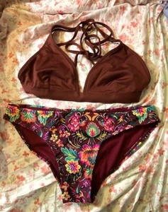 Rampage 2-teiliger Badeanzug Bikini einfarbig Oberteil - Träger & geblümtes Bikiniunterteil Gr. ? 28 zoll - Bild 1 von 2