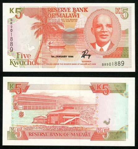 1994 Malawi Five Kwacha Banknote Reserve Bank Act 1989 Hastings Banda P# 24 UNC Cover
