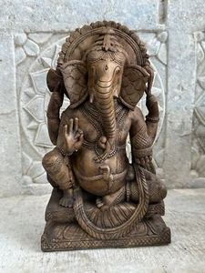 Antique Old Wooden Hand Carved Hindu God Ganesha Sculpture Fine - Picture 1 of 13