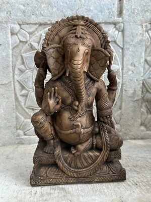 Старинная старая деревянная скульптура индуистского бога Ганеши ручной работы - Изображение 1 из 4