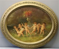 Antique French school oil canvas painting 19thc oval putti cherubs 