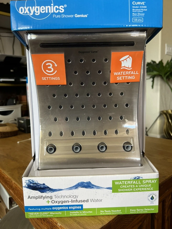 Cabezal de ducha de lluvia Oxygenics 43588 curva níquel cepillado 3 rociadores 1,8-GPM ¡NUEVO! Foto 1 de 4