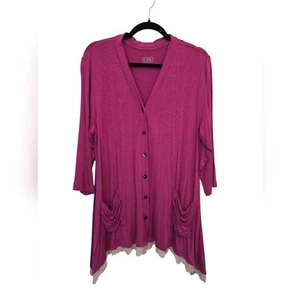 LOGO by Lori Goldstein LP Stretchy Button Front Lace Trim Cardigan - Picture 1 of 10
