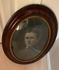 Portrait photo en bois de soldat de l'armée ovale vintage en verre convexe bande de tigre